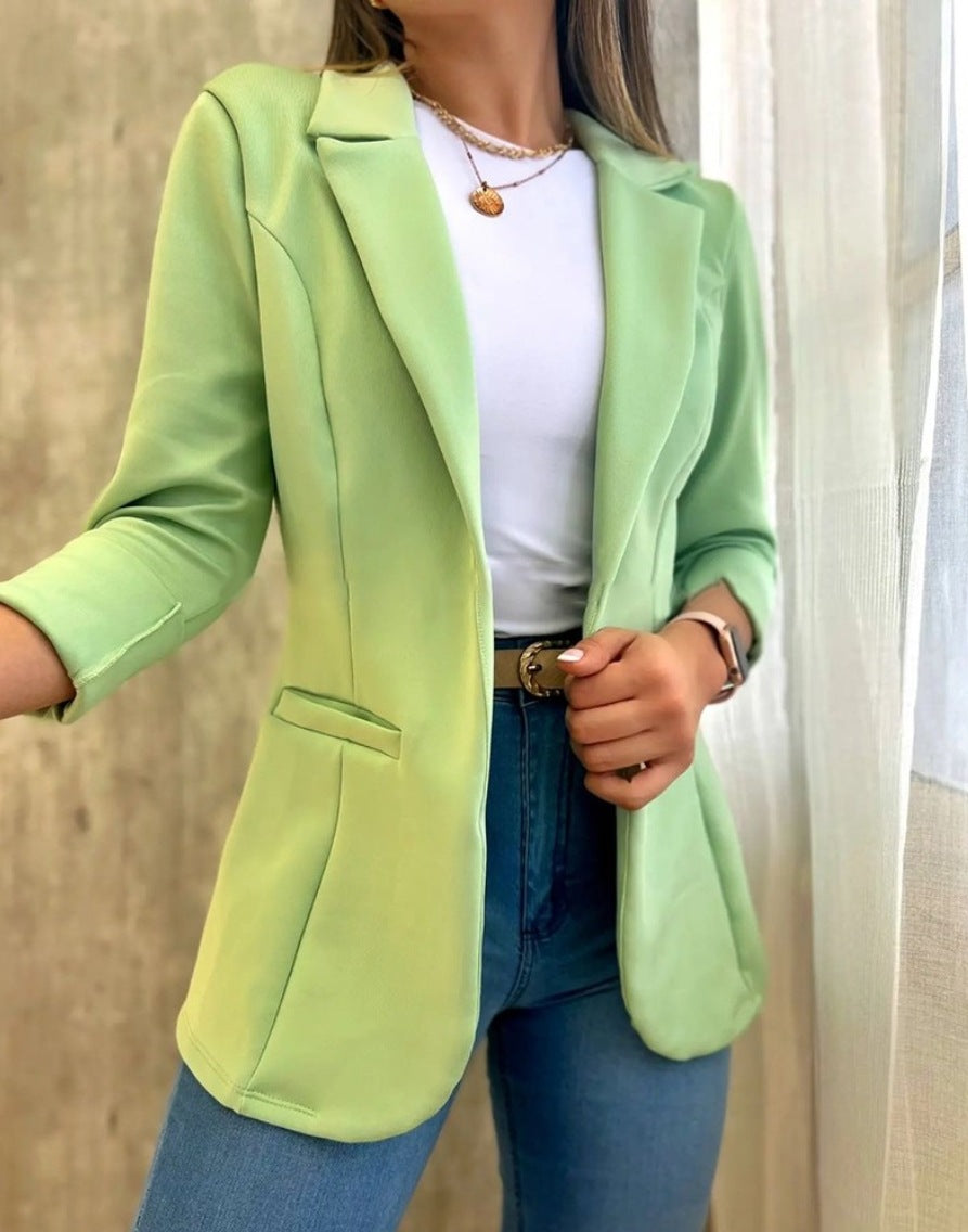 Women Fall Solid Long Sleeve Turndown Collar Jacket 4