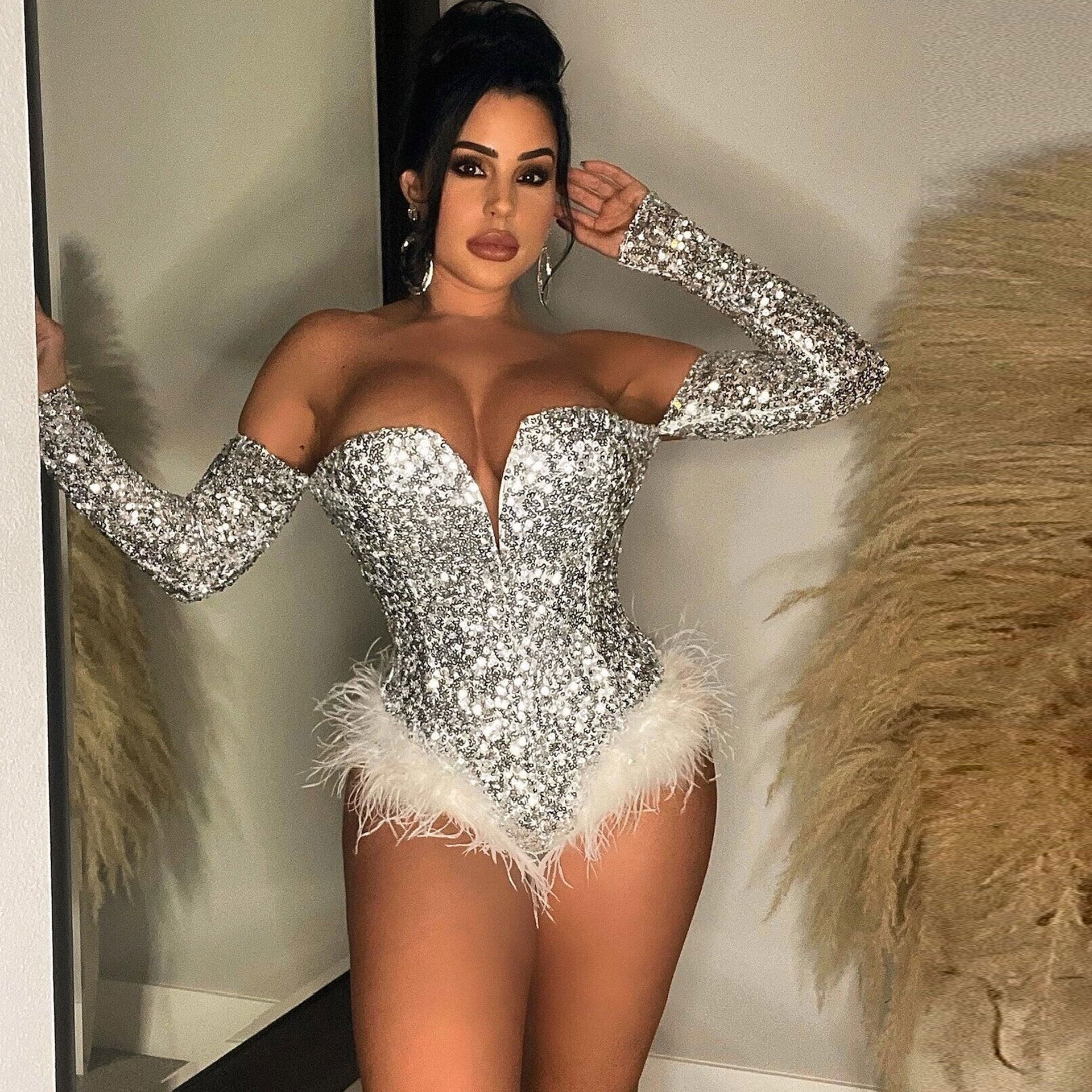 Women Sexy Feather Sequin Jumpsuit