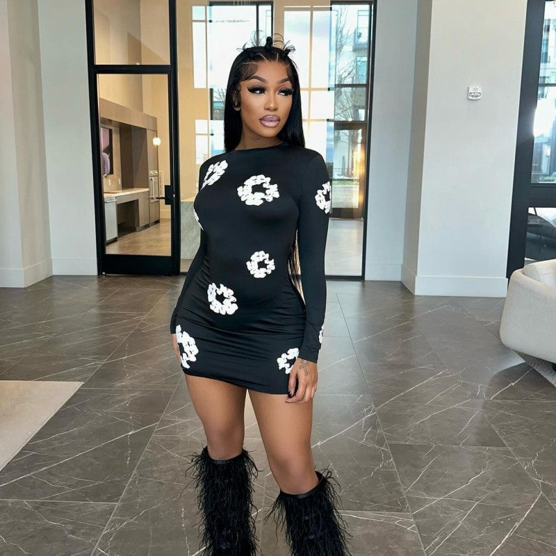 Women Round Neck Long Sleeve Flower Print Dress 5