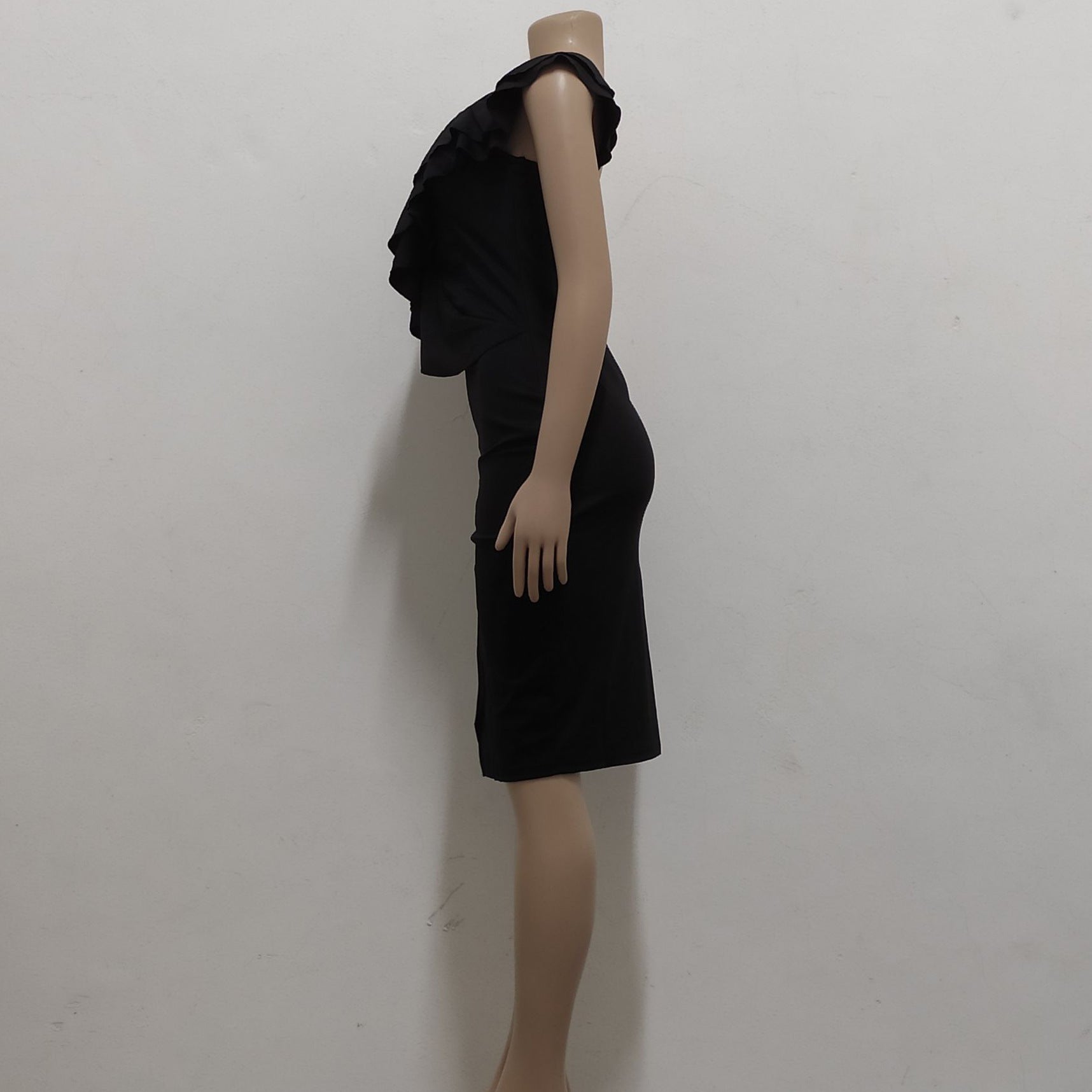 Women Sexy Solid One Shoulder Ruffle Dress 23