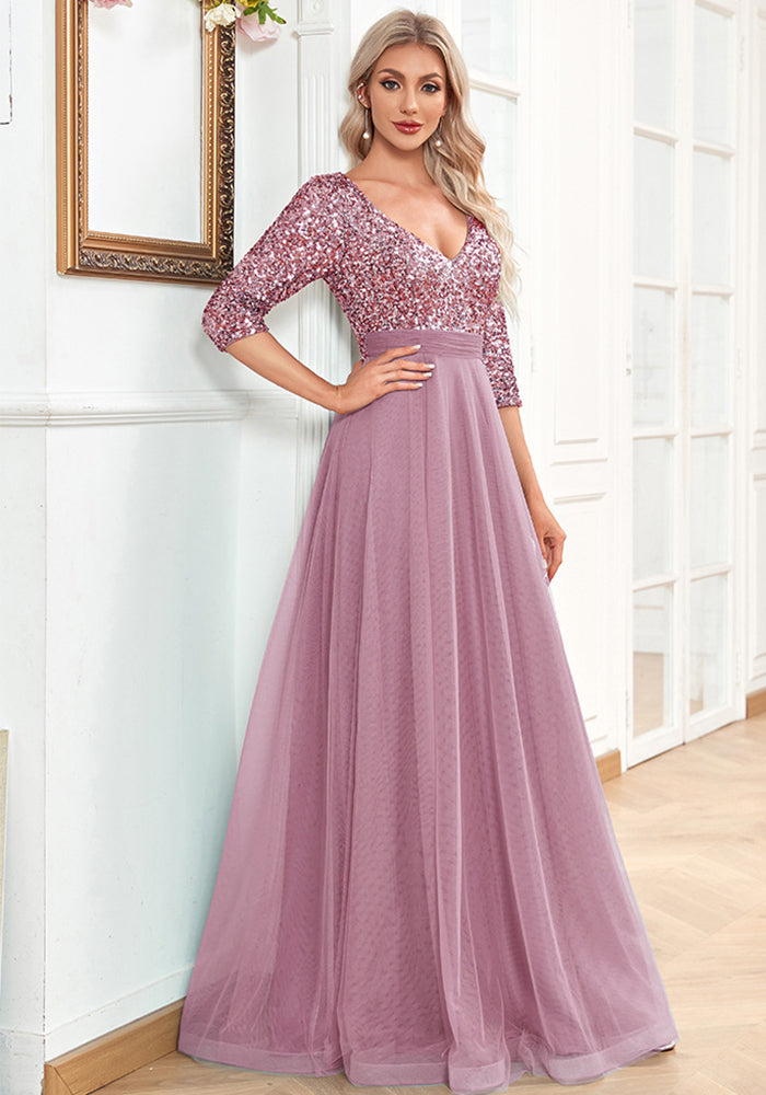 Women v-neck short-sleeved sequined elegant prom party evening dress