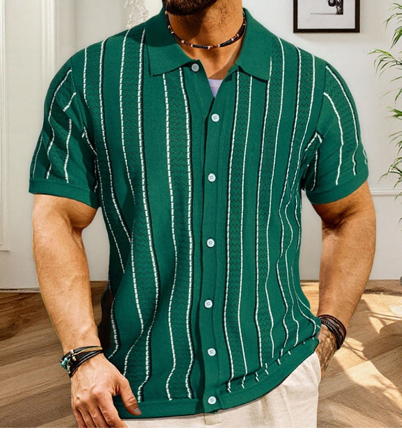 Men's Summer Short-sleeved Striped Knitting Shirt Polo T-shirt