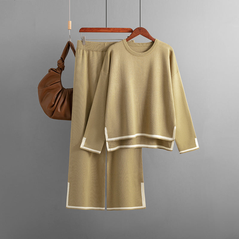 Autumn And Winter Chic Contrast Color Split Long Sleeve Knitting Top High Waist Wide Leg Pants Two-Piece Set 18