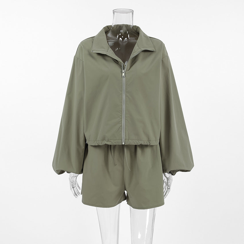 Green Windbreaker Autumn And Winter Loose Stand Collar Long Sleeve Top Split Shorts Casual Two Piece Set 12