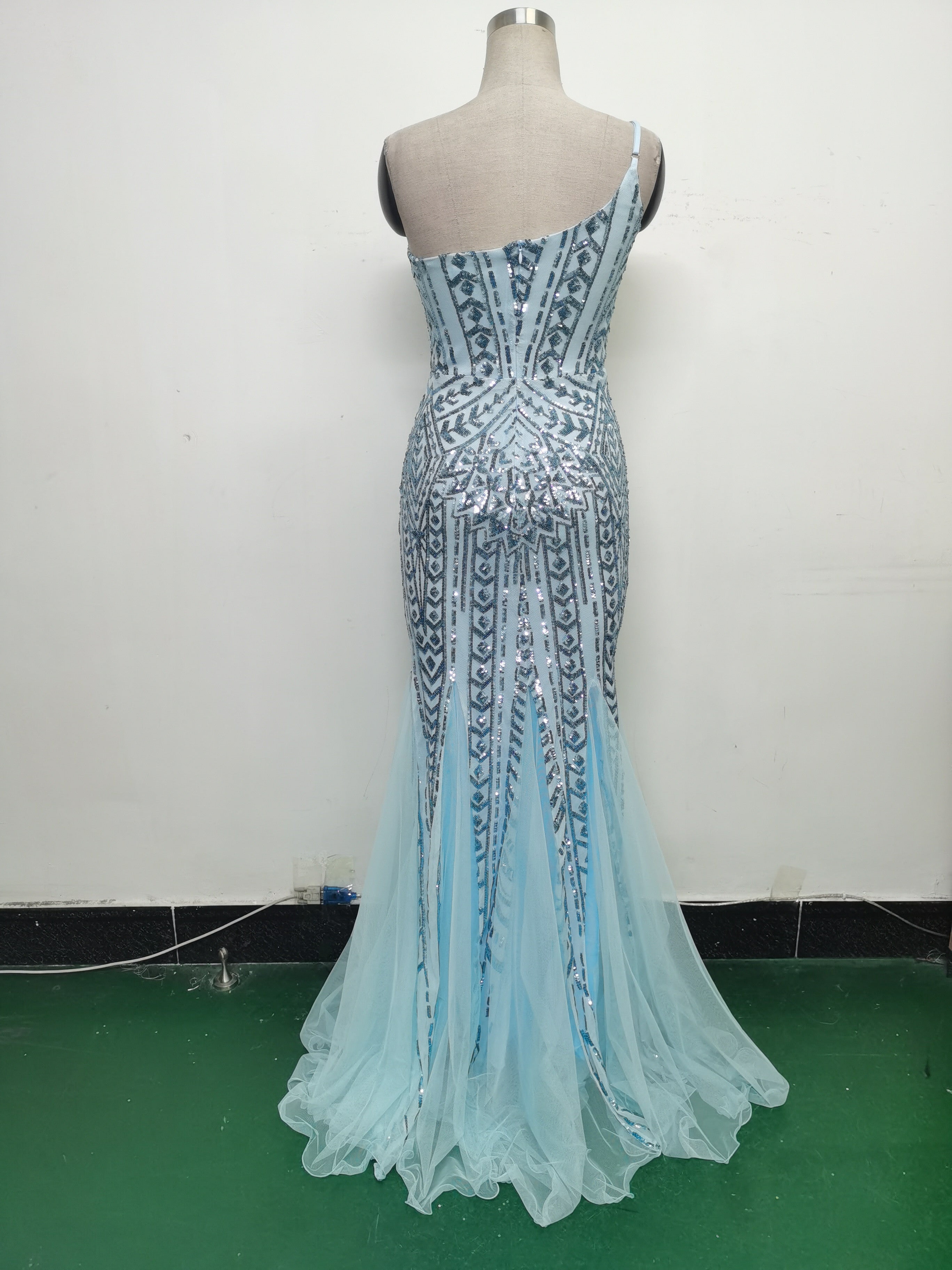 Sexy One Shoulder Sequins Mesh Patchwork Evening Dress 65