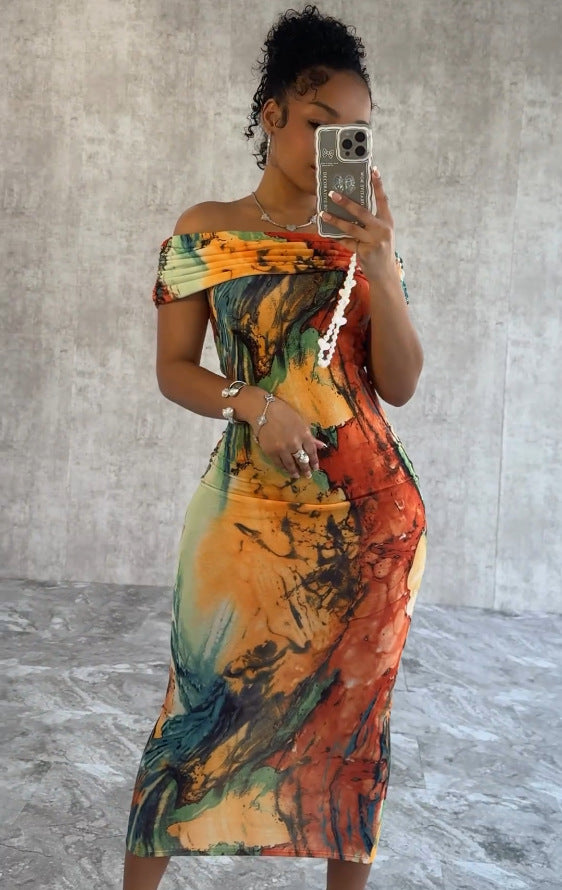 Sexy Off Shoulder Printed Bodycon Dress