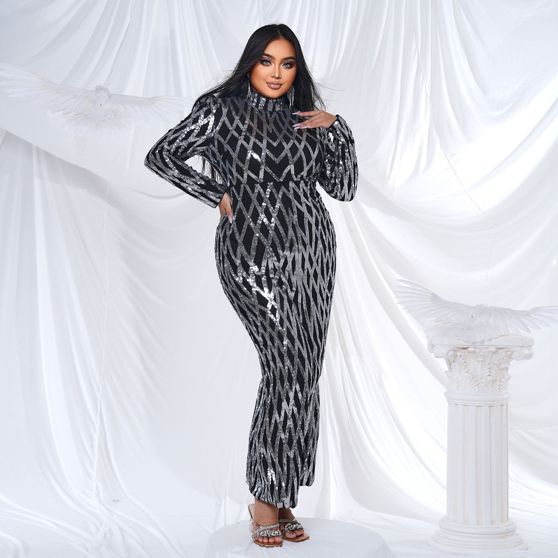 Plus Size Women Long Sleeve Round Neck Formal Party Sequined Fishtail Maxi Evening Dress 3