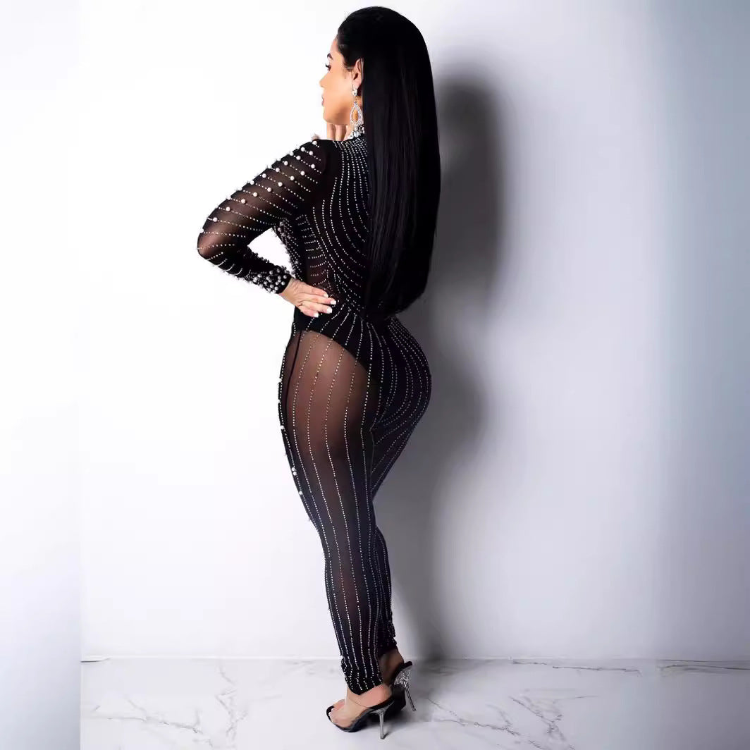 Women Sexy Mesh See-Through Beaded Round Neck Long Sleeve Jumpsuit 3