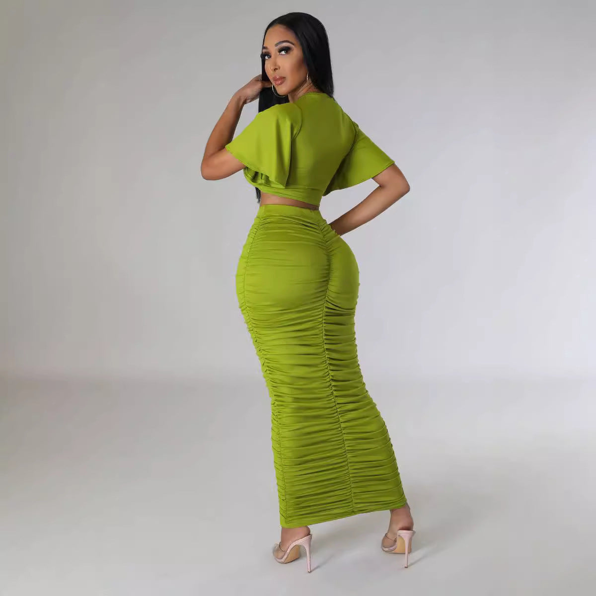 Solid Color Sexy Short-Sleeved Crop Top Slim Long Skirt Two Piece Set 4