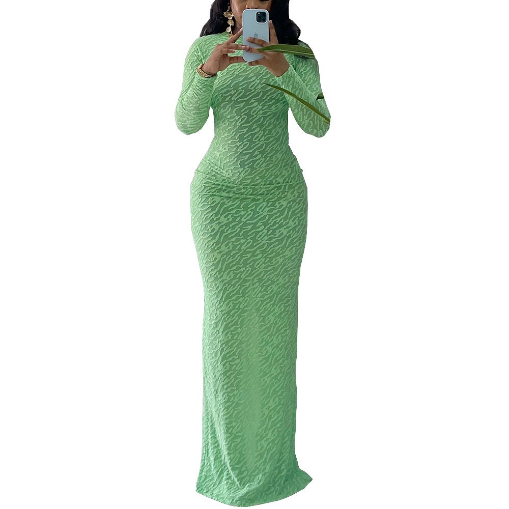 Autumn Round Neck Long Sleeve Flocking Slim Women Dress 5