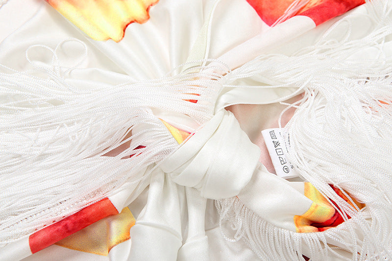 Women fall/winter Halter Neck lace-up V-neck backless printed top and tassel sexy skirt two-piece set 17