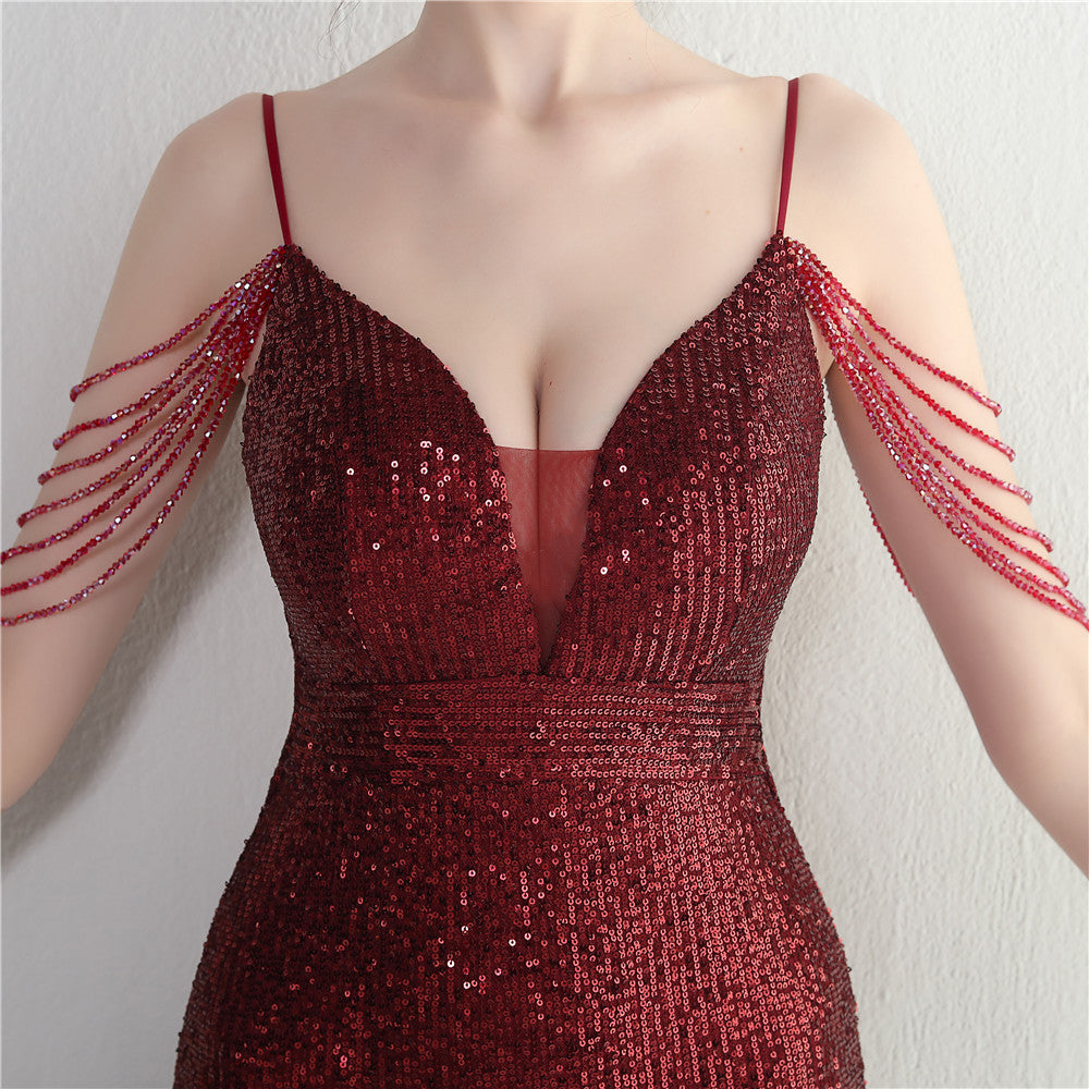 Women Straps Beaded Sequined Strap Sexy Evening Dress 41