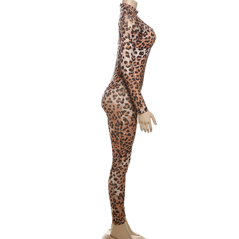 Women Spring Summer Sexy Mesh Leopard Bodycon Jumpsuit 6