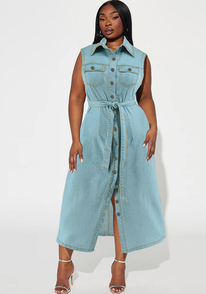 Plus Size Women's Turndown Collar Sleeveless Button Belt Denim Long Dress