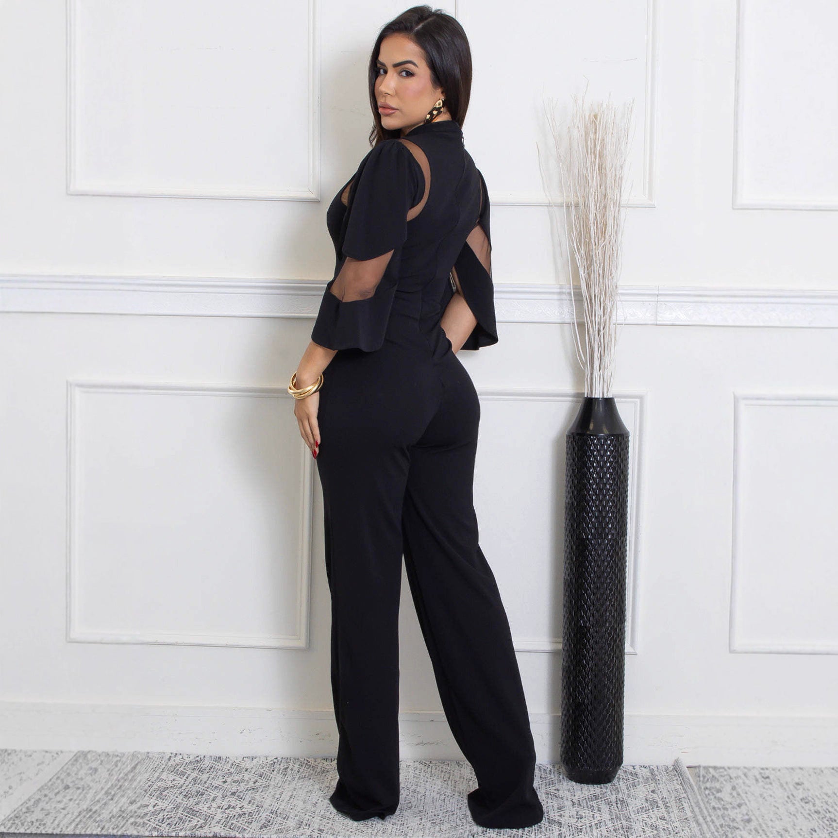 Women Elegant Mesh Patchwork Lace-Up Wide-Leg Jumpsuit 5