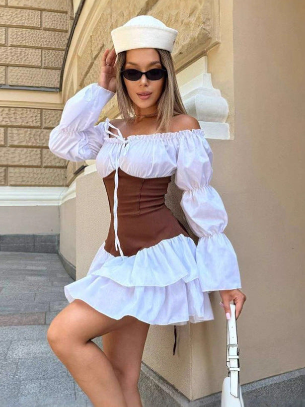 Autumn Women's Sexy Color Block Off Shoulder Puff Sleeve Slim Waist Casual Dress 4