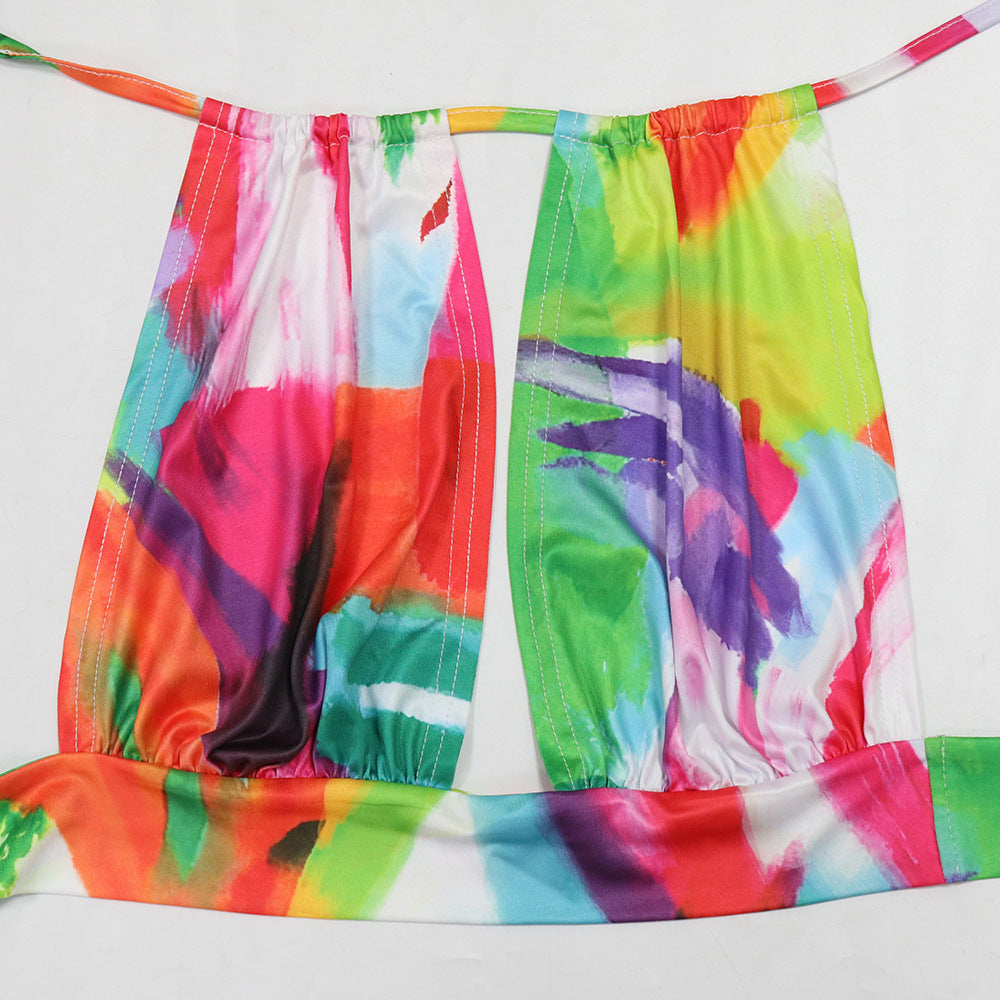 Fashionable Printed Crop Lace-Up Top Wide-Leg Pants Two-Piece Set 9