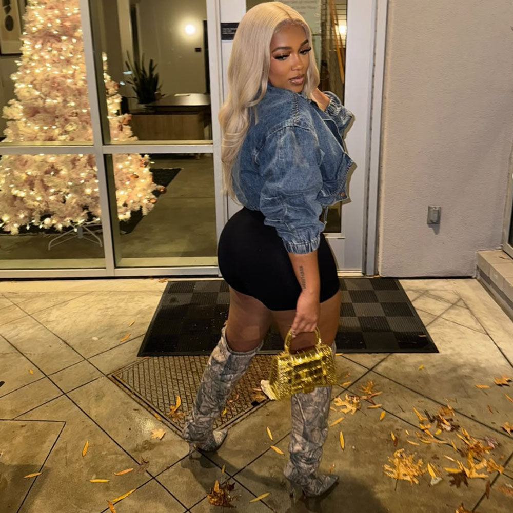 Autumn Winter Women's Fashion Street Wash Long Sleeve Drawstring Denim Jacket 5