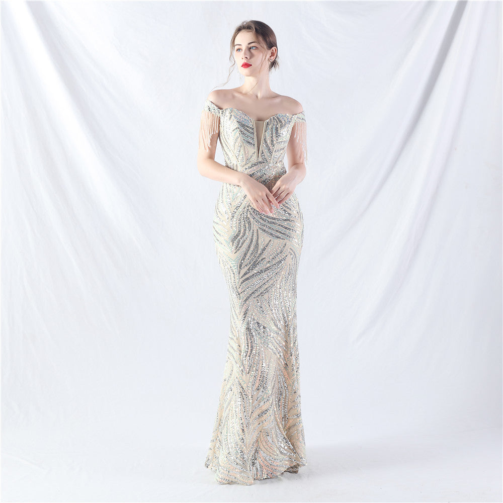 Off Shoulder Tassels Fishbone Slim Waist Lace-Up Sequin Evening Dress 6