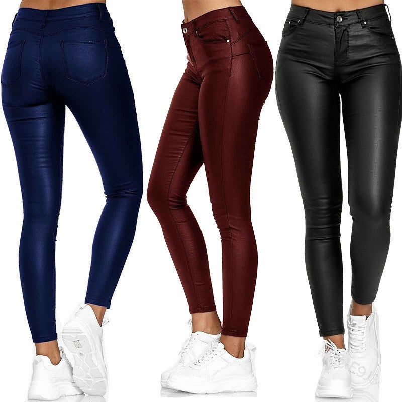 Women's High Waist Casual Pu Leather Tight Fitting Pants 5