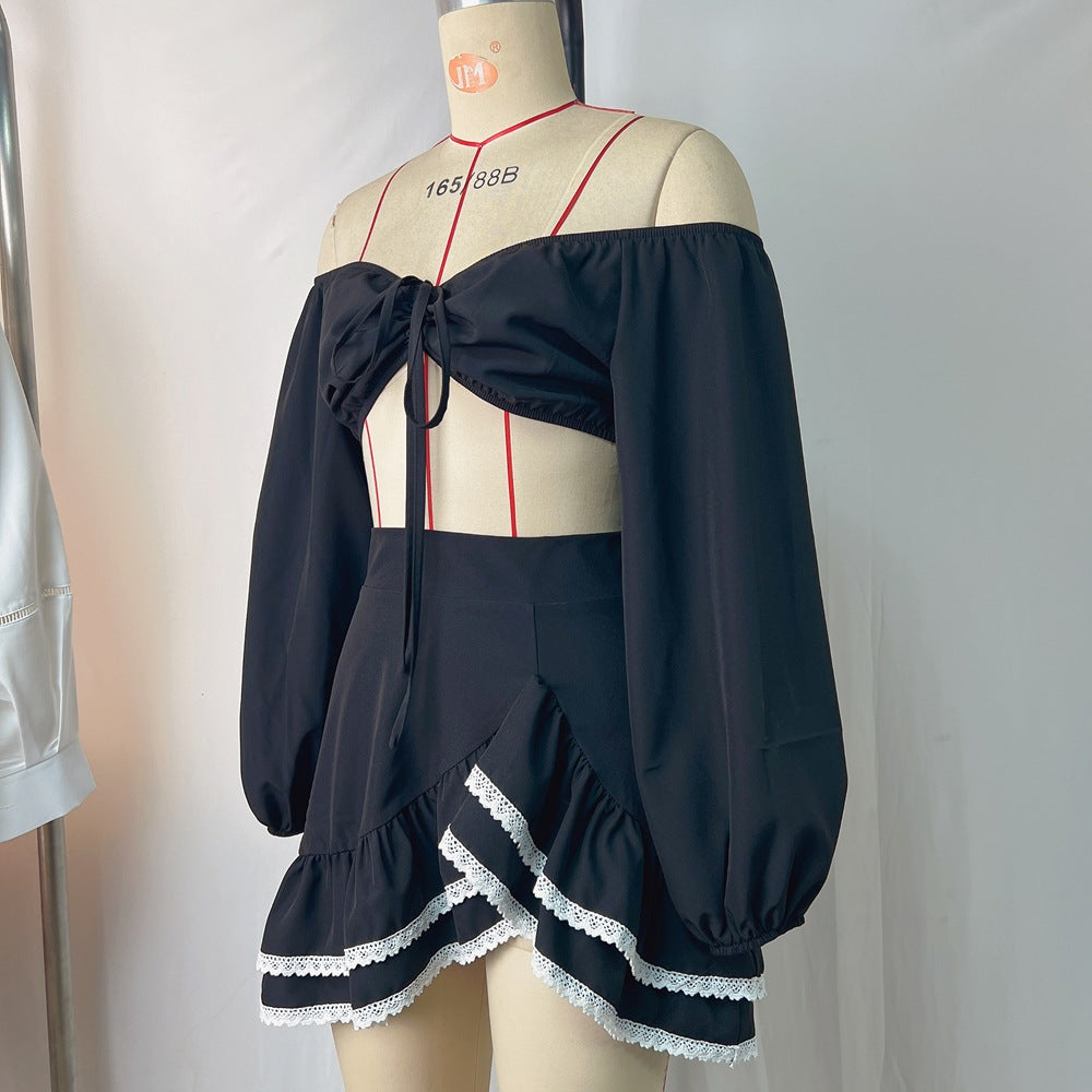 Women's Off Shoulder Crop Tie Puff Sleeve Top & Skirt Set 6