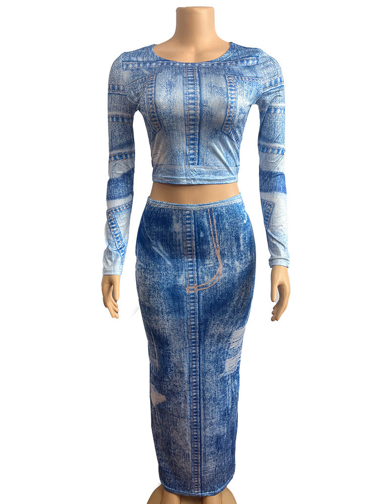 Women Fall Denim Print Round Neck Long Sleeve Top and Skirt Two-piece Set 6