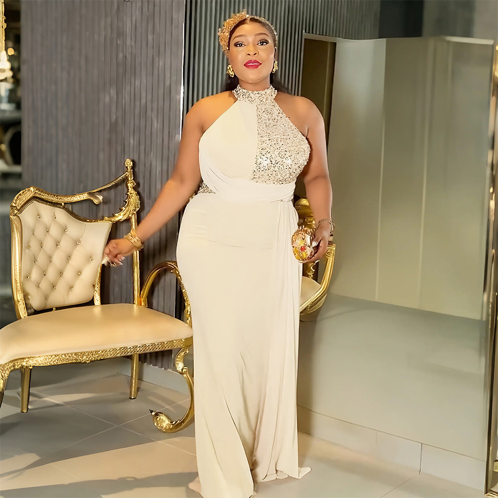 Plus Size Women's Long Dress African Fashion Elegant Sexy Halter Neck Slim Waist Evening Gown 4