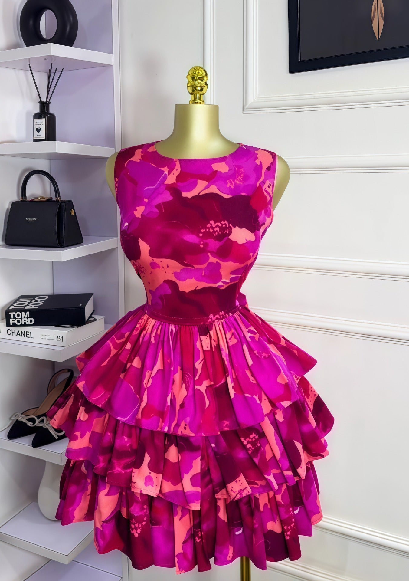 Women early fall sleeveless round neck pleated cascading ruffles dress.