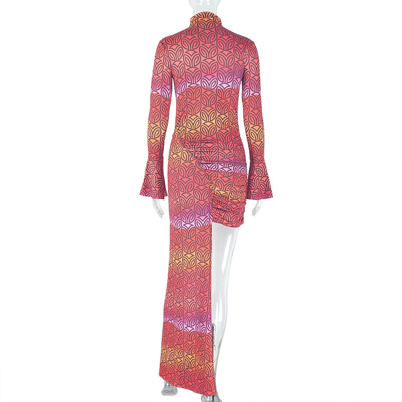 trendy women's clothing  print fashion irregular long-sleeved short bodycon dress 7