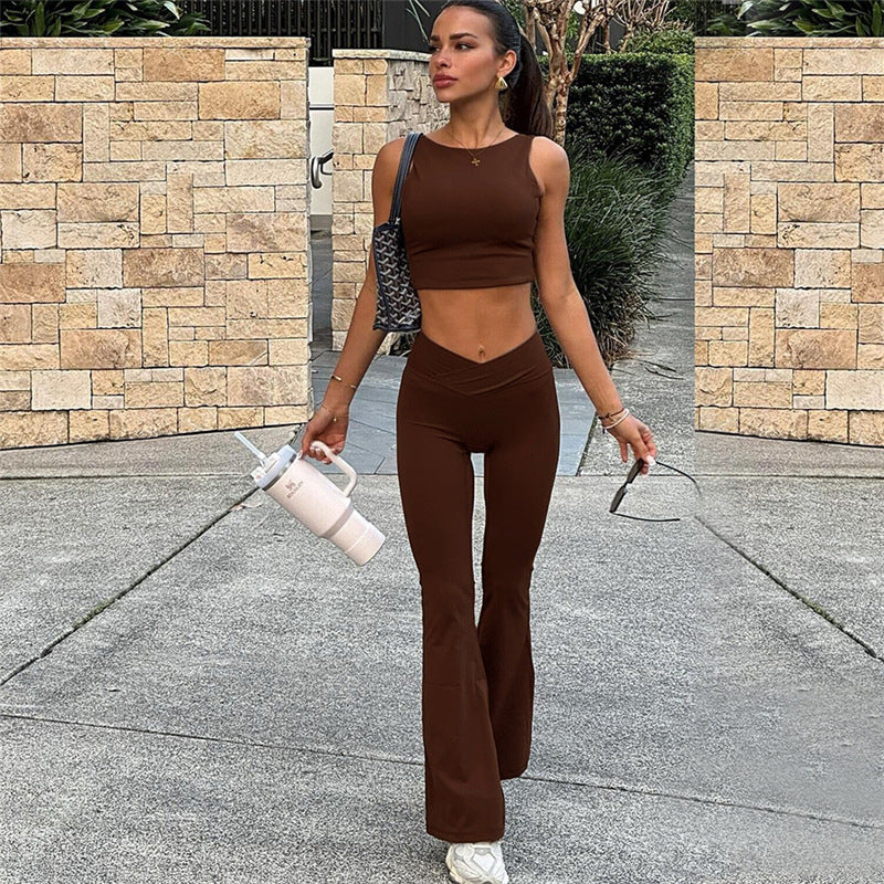Autumn Winter Sexy Crop Short Vest Solid Color High Waist Flared Trousers Two Piece Set For Women 4