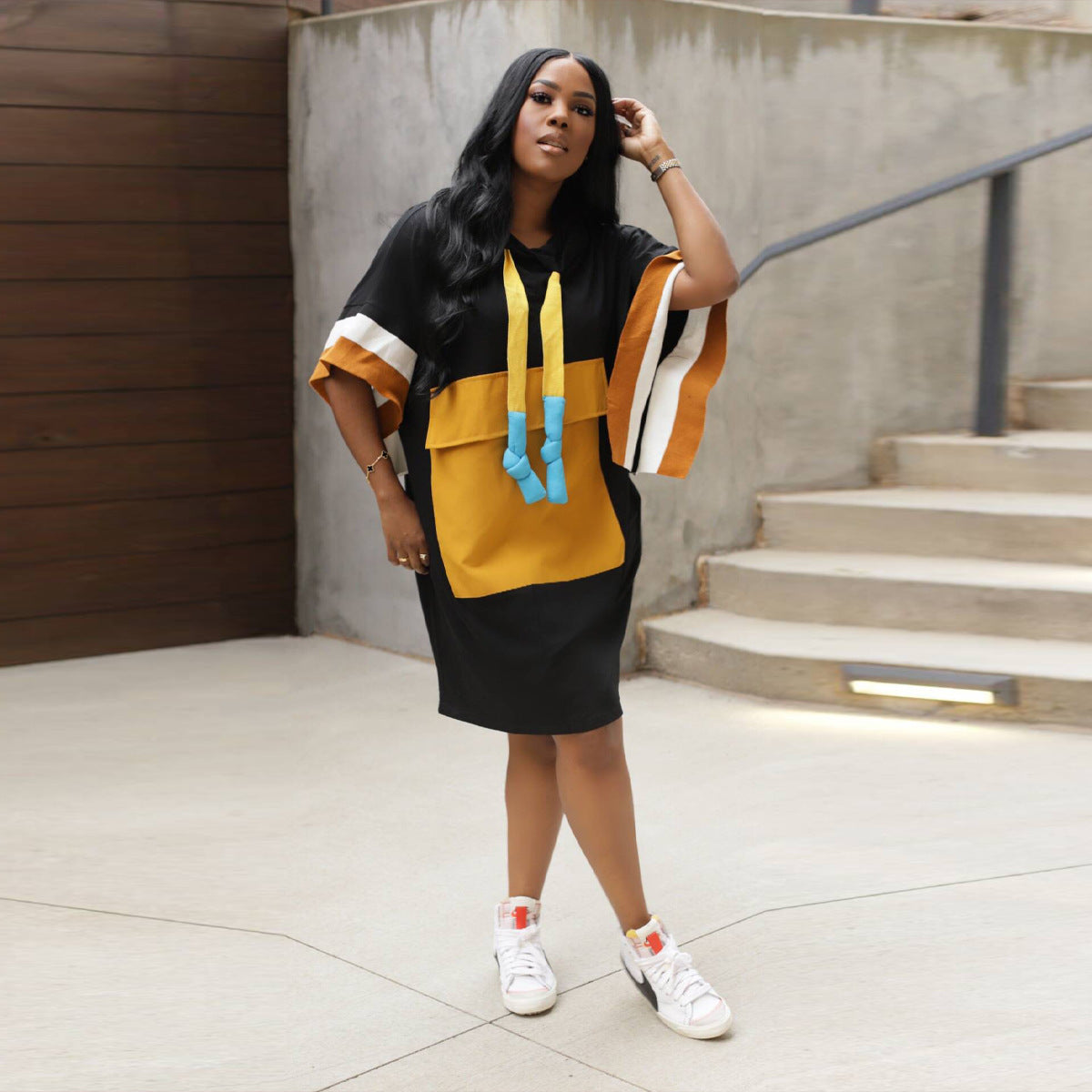 Summer Hooded Loose Bat Short Sleeve Casual Dress