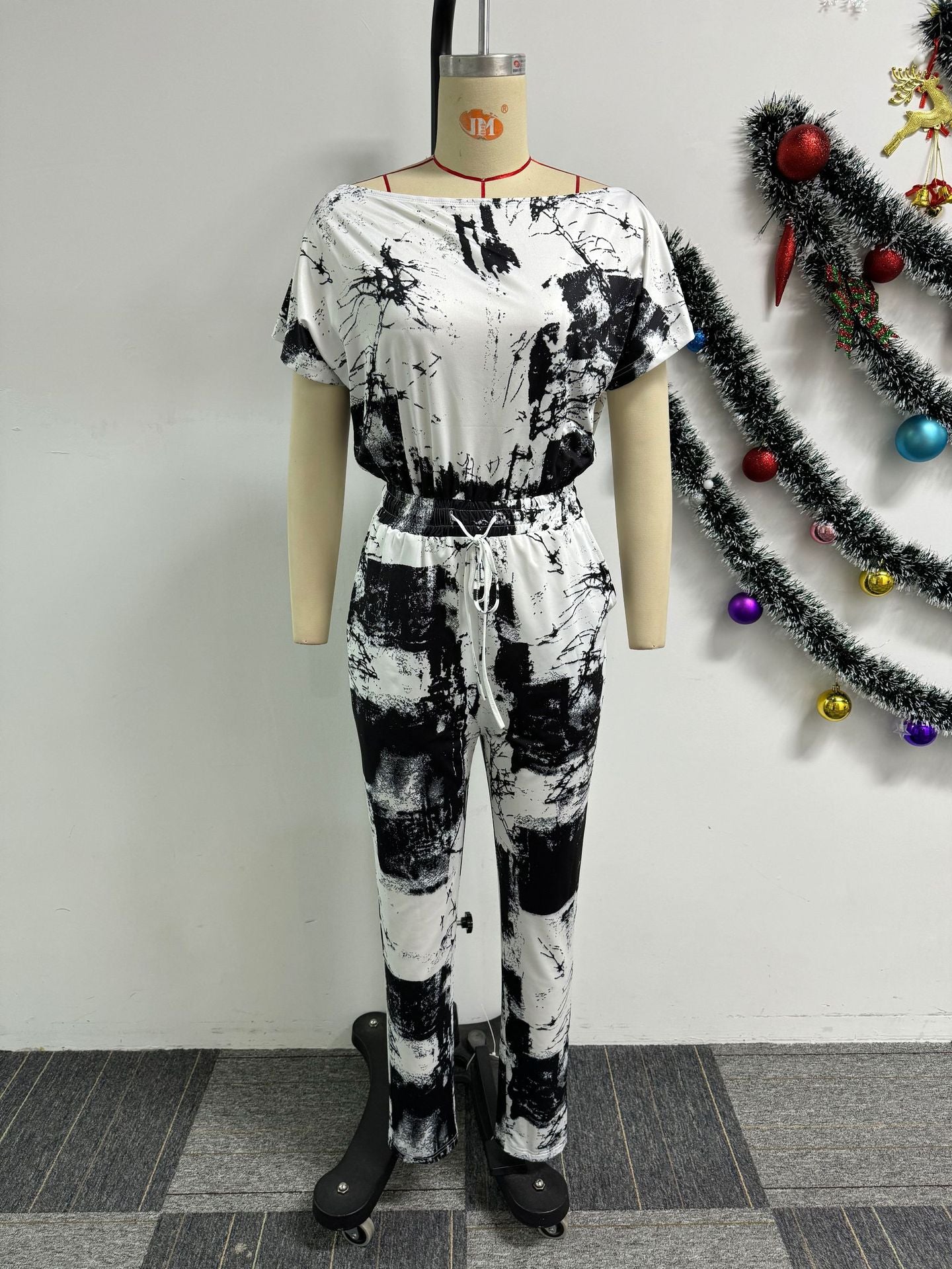 Women Sexy Printed Short Sleeve Off Shoulder Stretch Jumpsuit 7