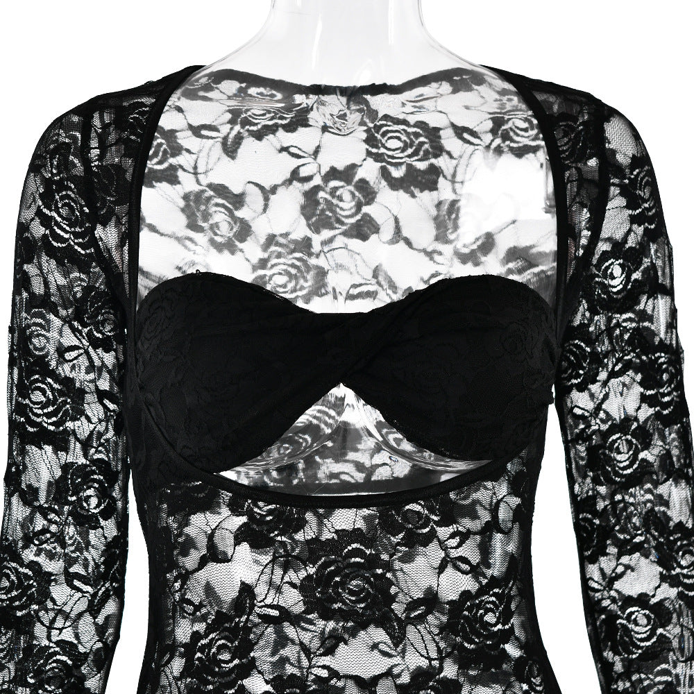 Women sexy lace See-Through long-sleeved dress 16