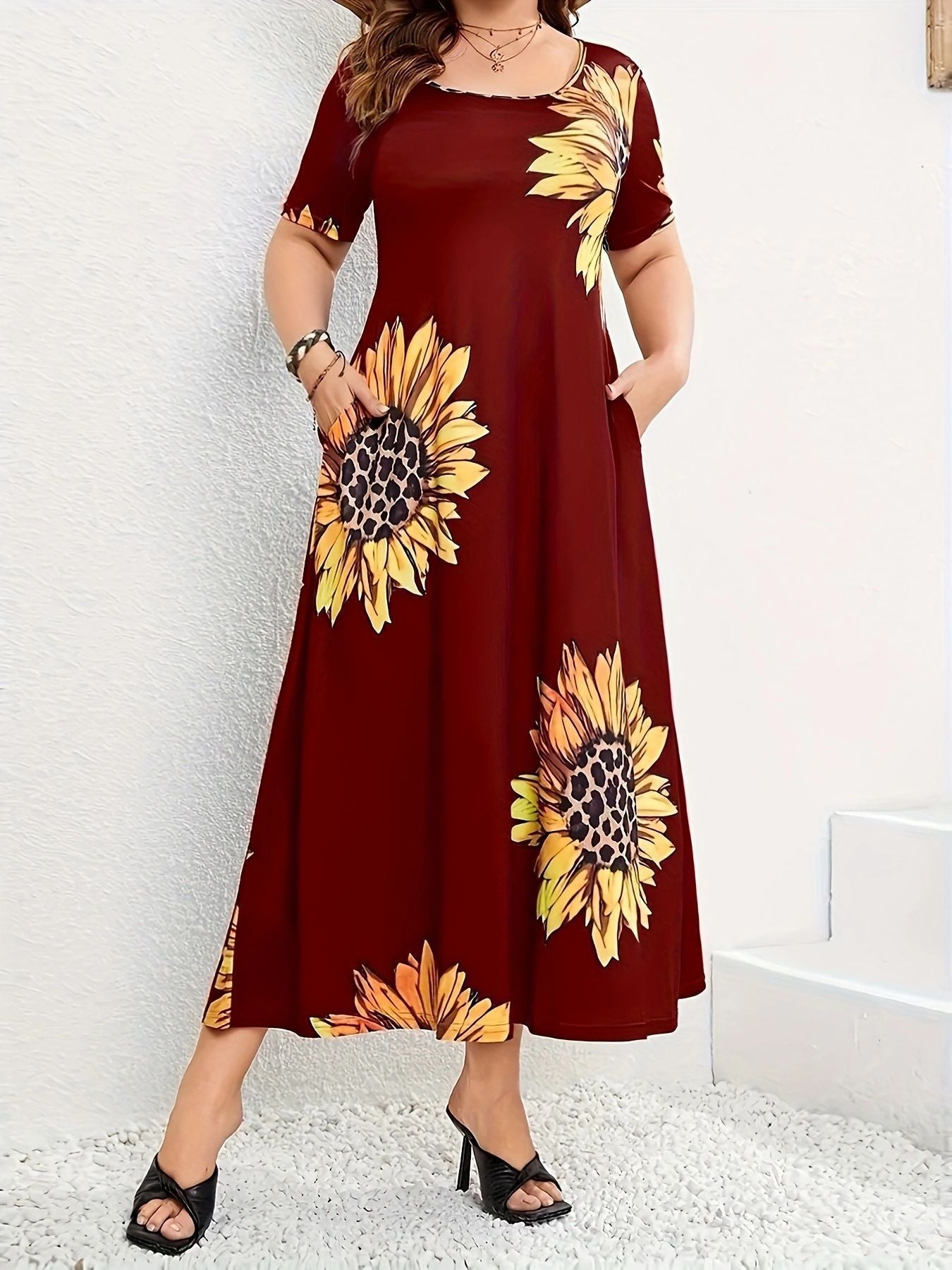 Sunflower Print Loose Short Sleeve Summer Long Dress 9
