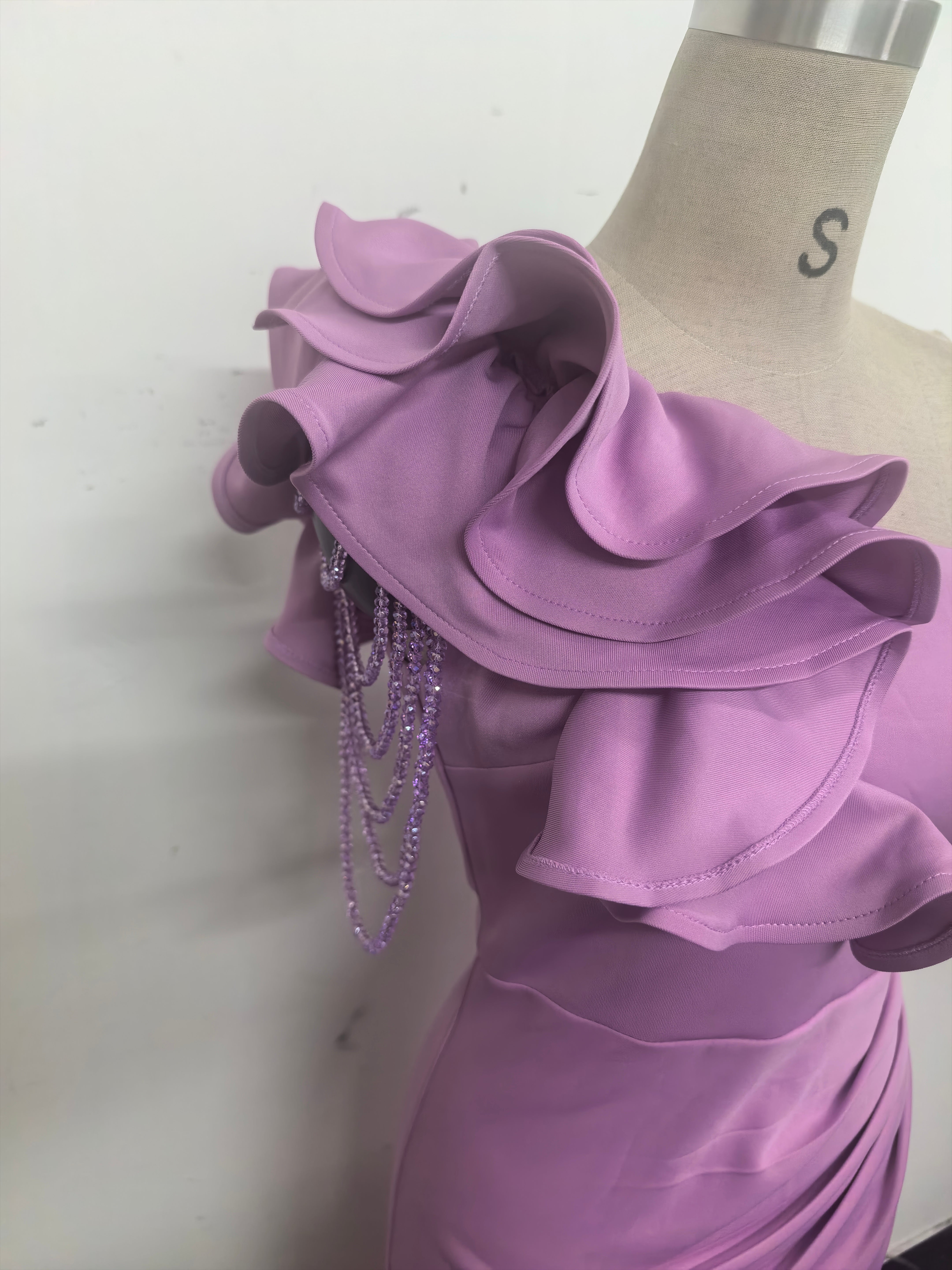 Women One-Shoulder Beaded Wool and Floral Satin Slit Sexy Evening Dress 42