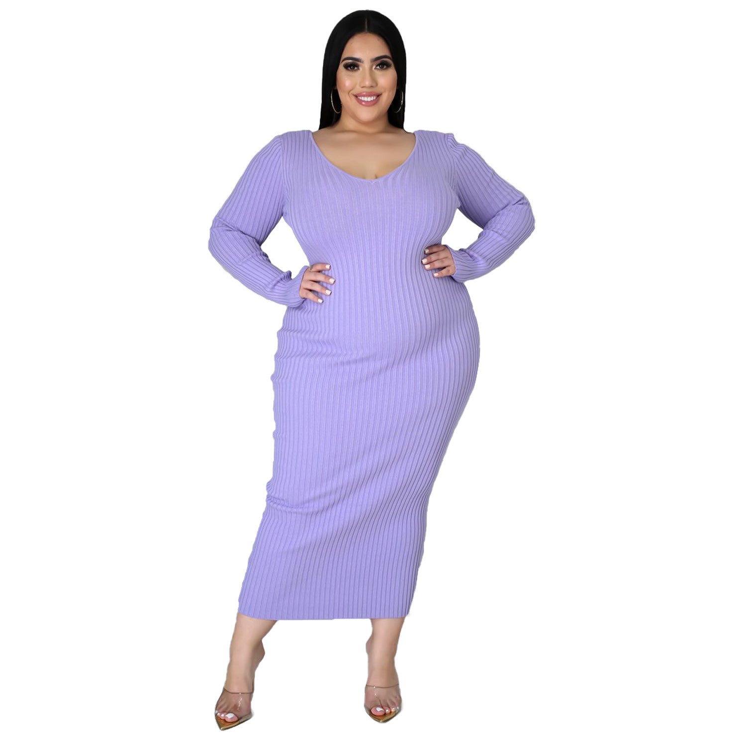 Women Autumn/Winter Solid Long Sleeve Knitting Maxi Dress 11