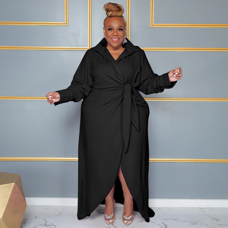 Women's Plus Size Long Sleeve Turndown Collar Slit Sexy Dress For Women 4