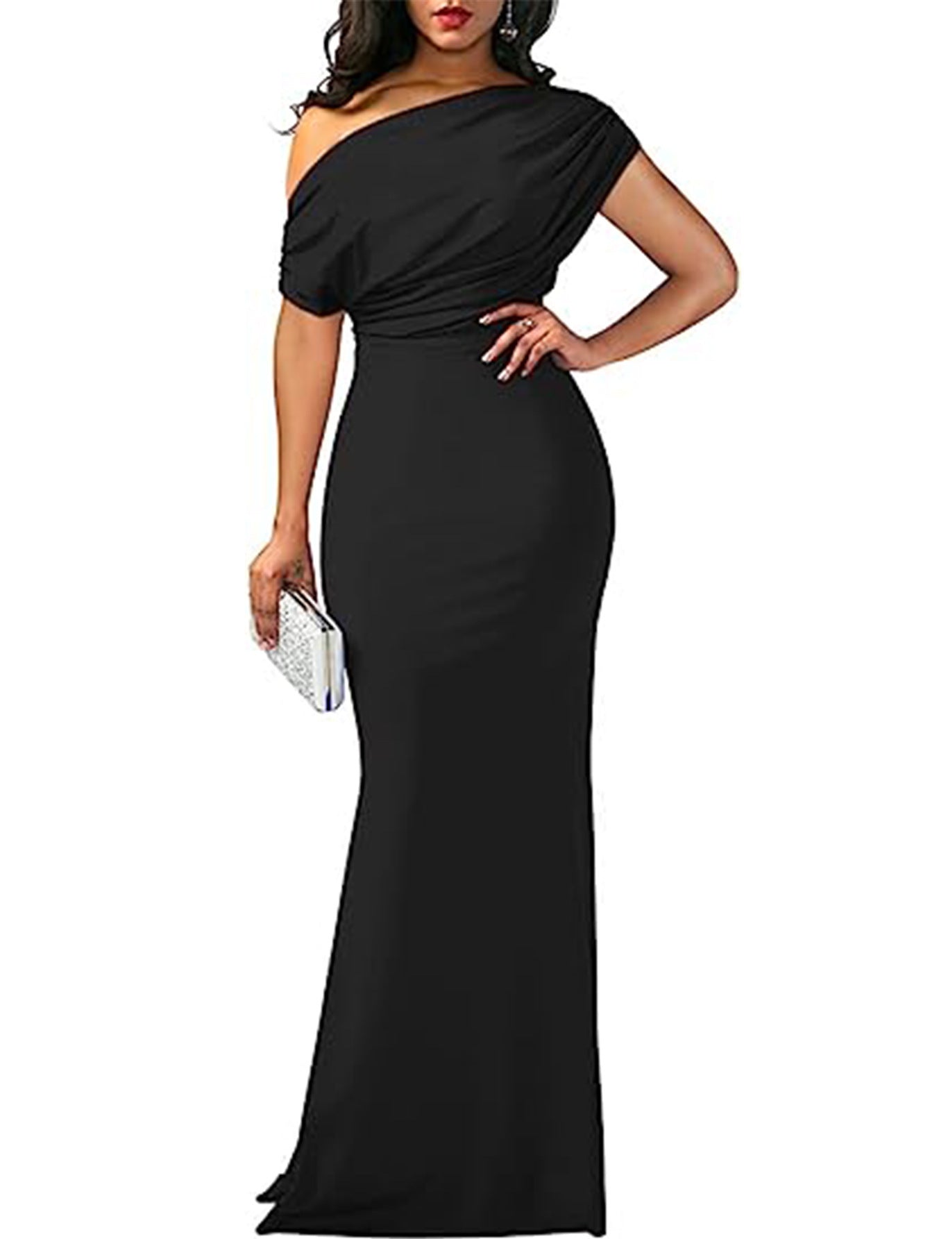 Plus Size Women Solid Slash Shoulder Elegant Bodycon Dress 3