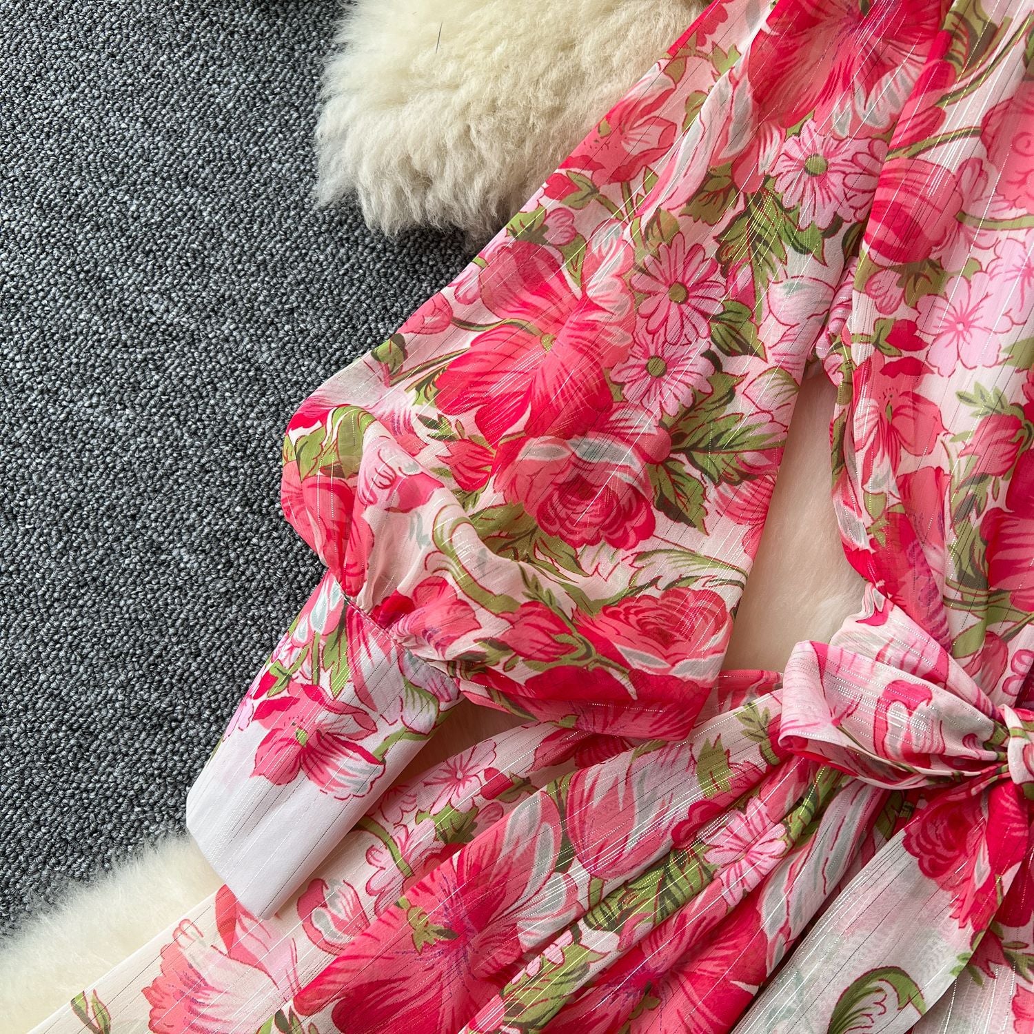 Printed Stand Collar Long-Sleeve Slim Waist Belt Chiffon Maxi Dress 16