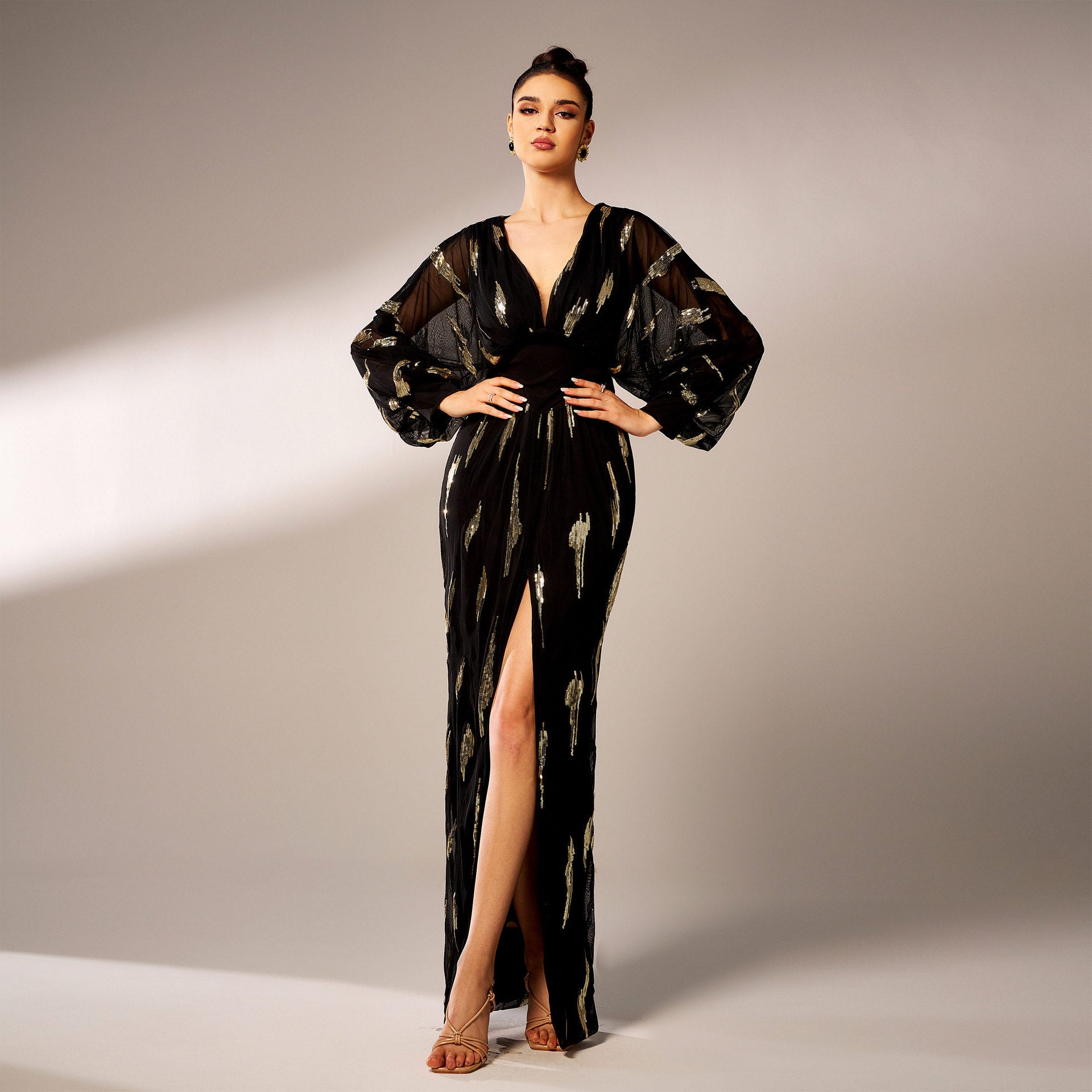 Women long sleeve V-neck sexy sequin Formal Party Maxi evening dress 9