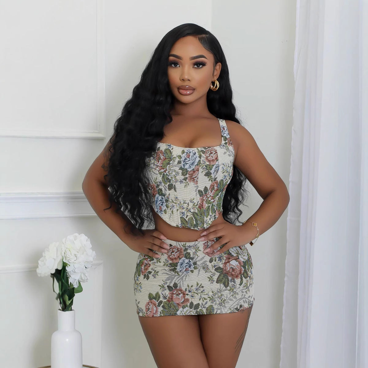 Women Floral Strapless Top and Mini Skirt Two-piece Set