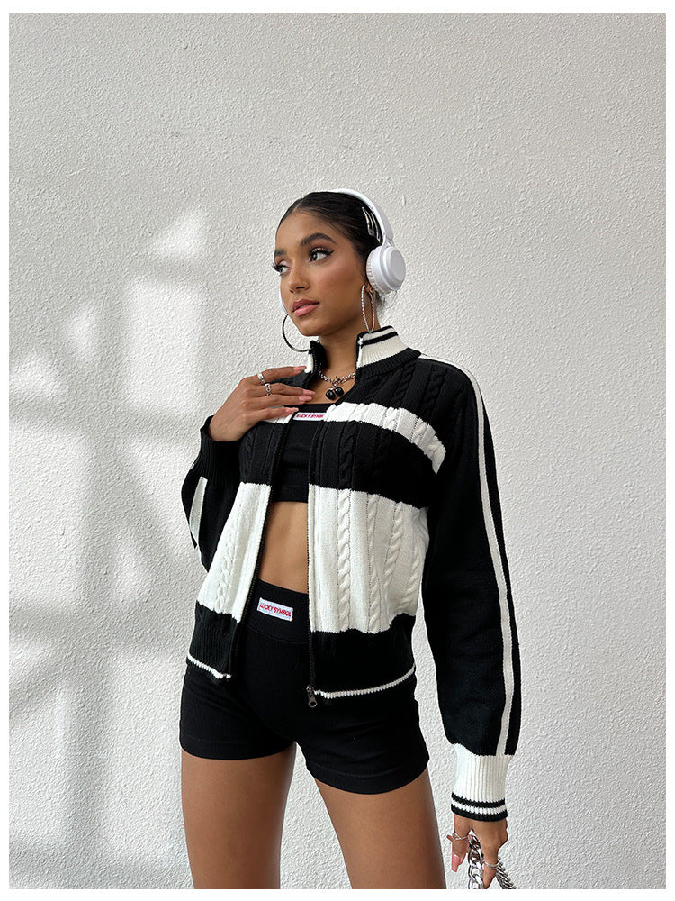 Women autumn and winter sports Casual black and white striped long sleeve sweater 6