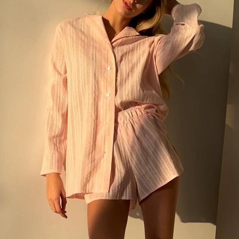 Autumn Women's Fashion Solid Color Shorts & Shirt Casual Home/Outdoor Wear Set