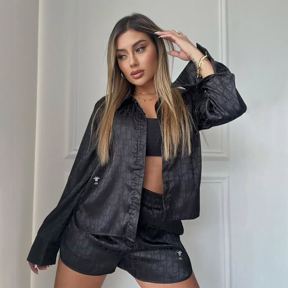 Women Elegant Satin Embroidered Long-Sleeved Top and Shorts Two-Piece Set 3