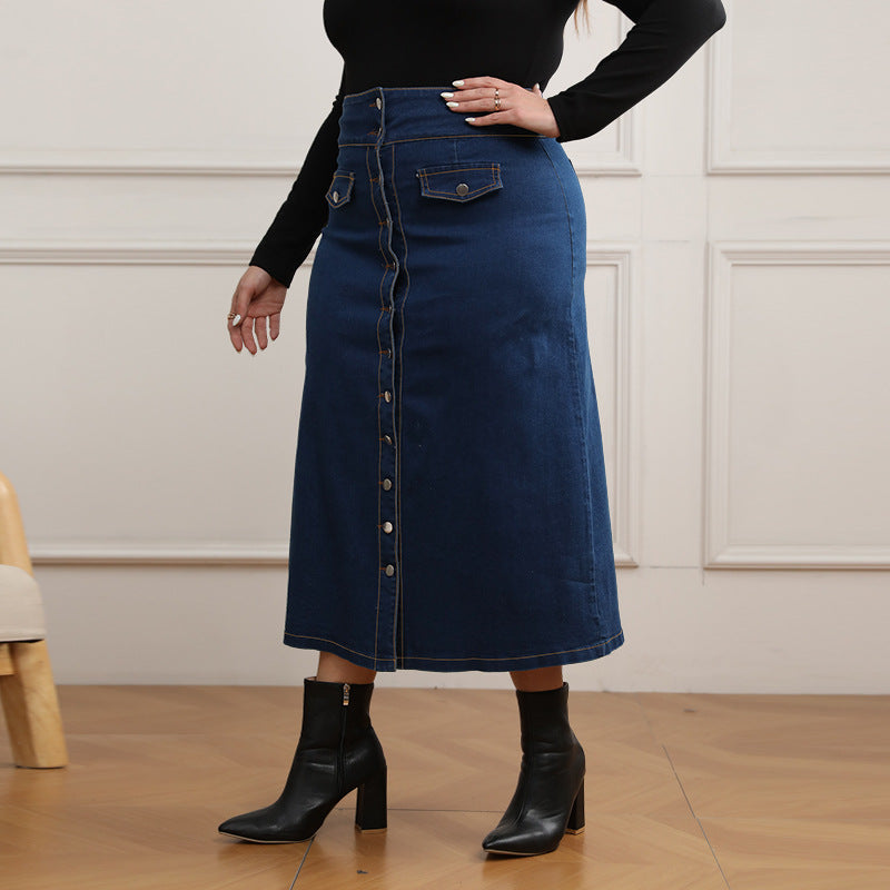 Plus Size Women Denim Button Fake Pocket Skirt 5