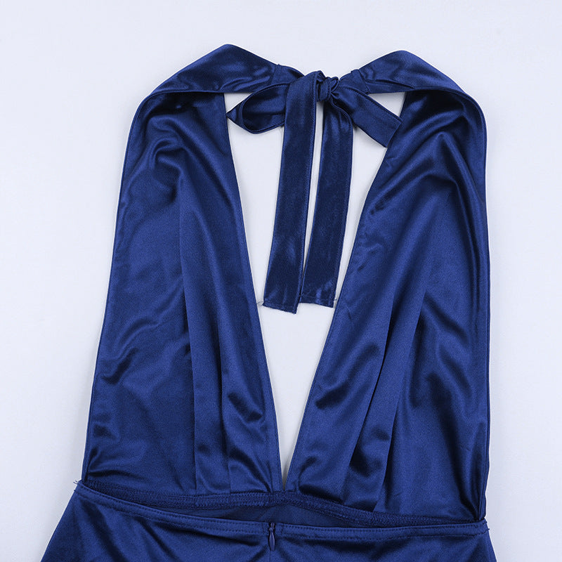 Sexy Deep V-Neck Halter Neck Low Back Satin Maxi Dress Chic Gown 15