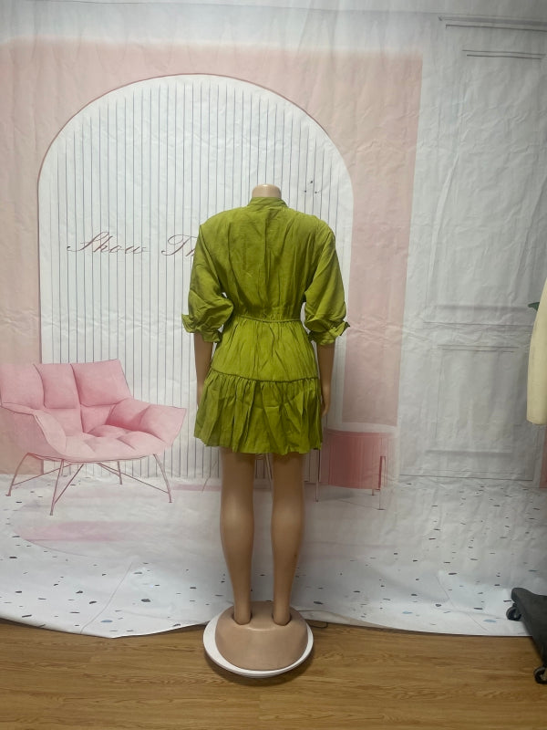 Women Solid Casual V Neck Three-quarter Sleeve Pleated Dress 12