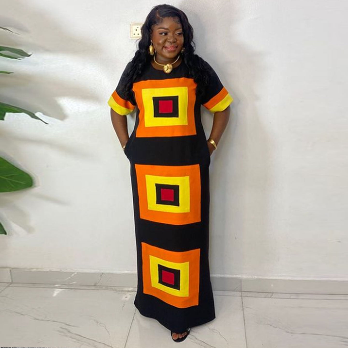 Contrasting Printed Side Slit Loose Long Dress 4