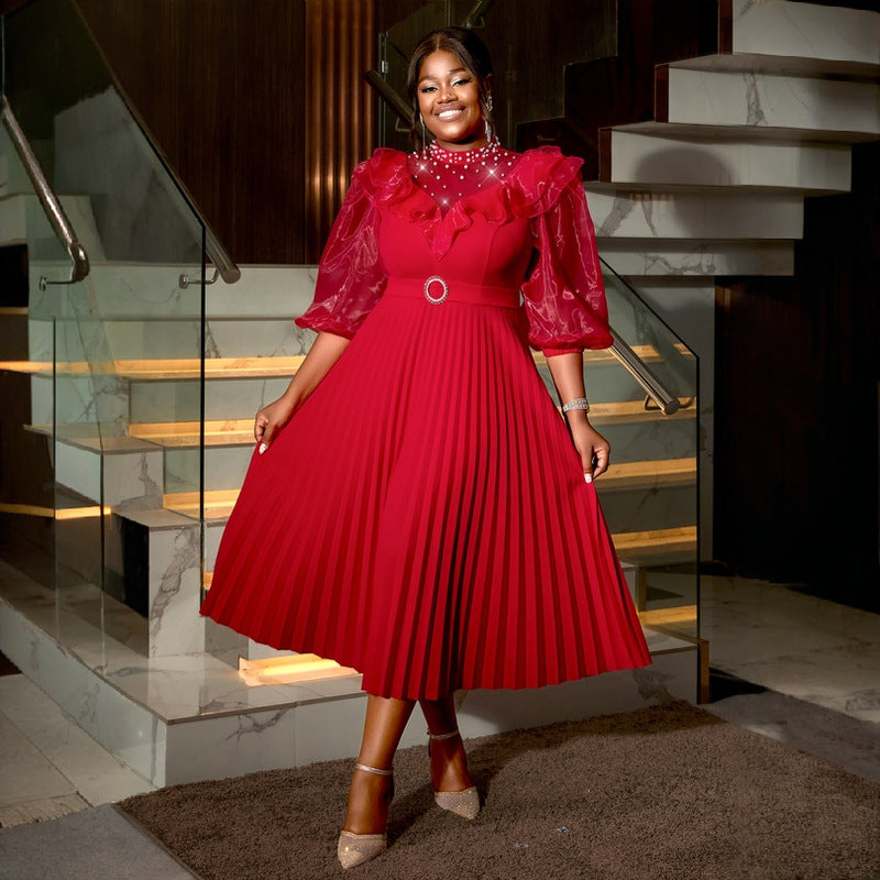 Plus Size See-Through Lantern Sleeve Pleated Fashion High Waist Party Dress