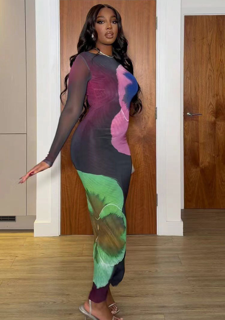 Women Spring Sexy Print Round Neck Bodycon Dress 3